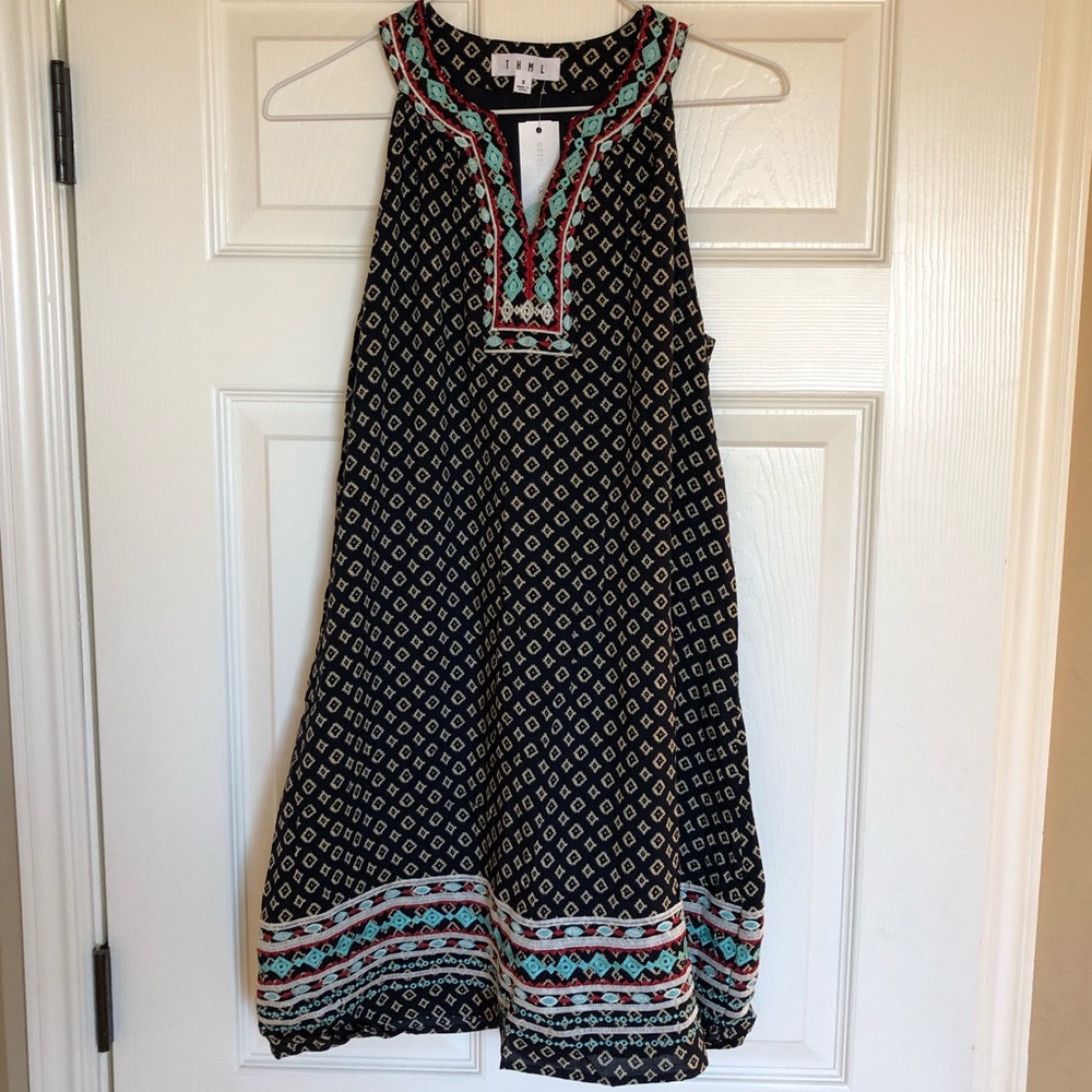 Vintage Havana Black Printed Sleeveless Shift Dress with Turquoise Trim